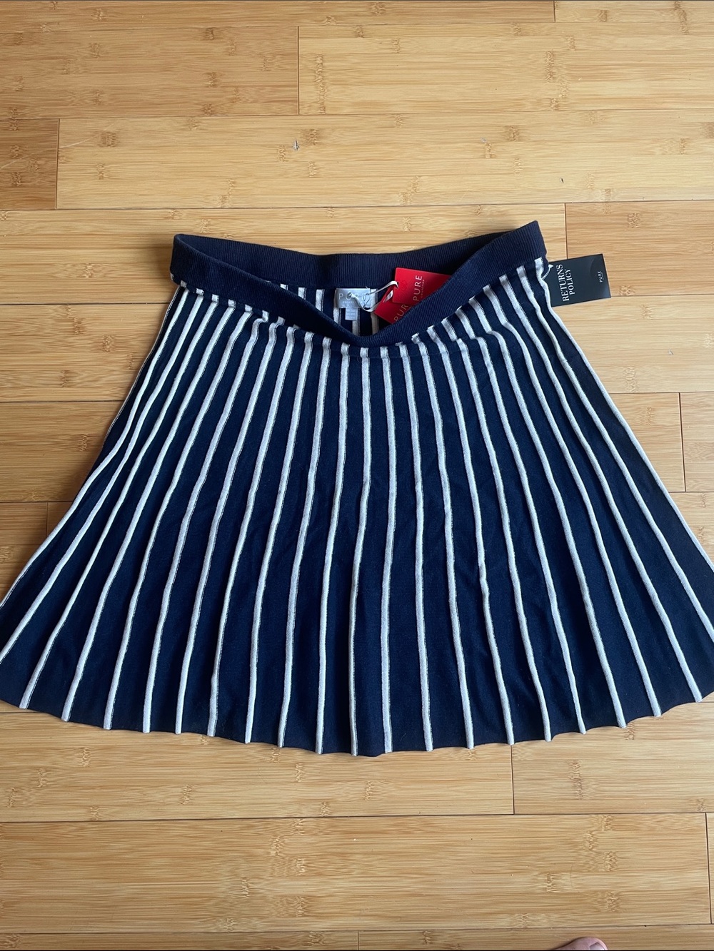 Pure Collection Navy and White Striped Pleated Skater SILK & CASHMERE Skirt!